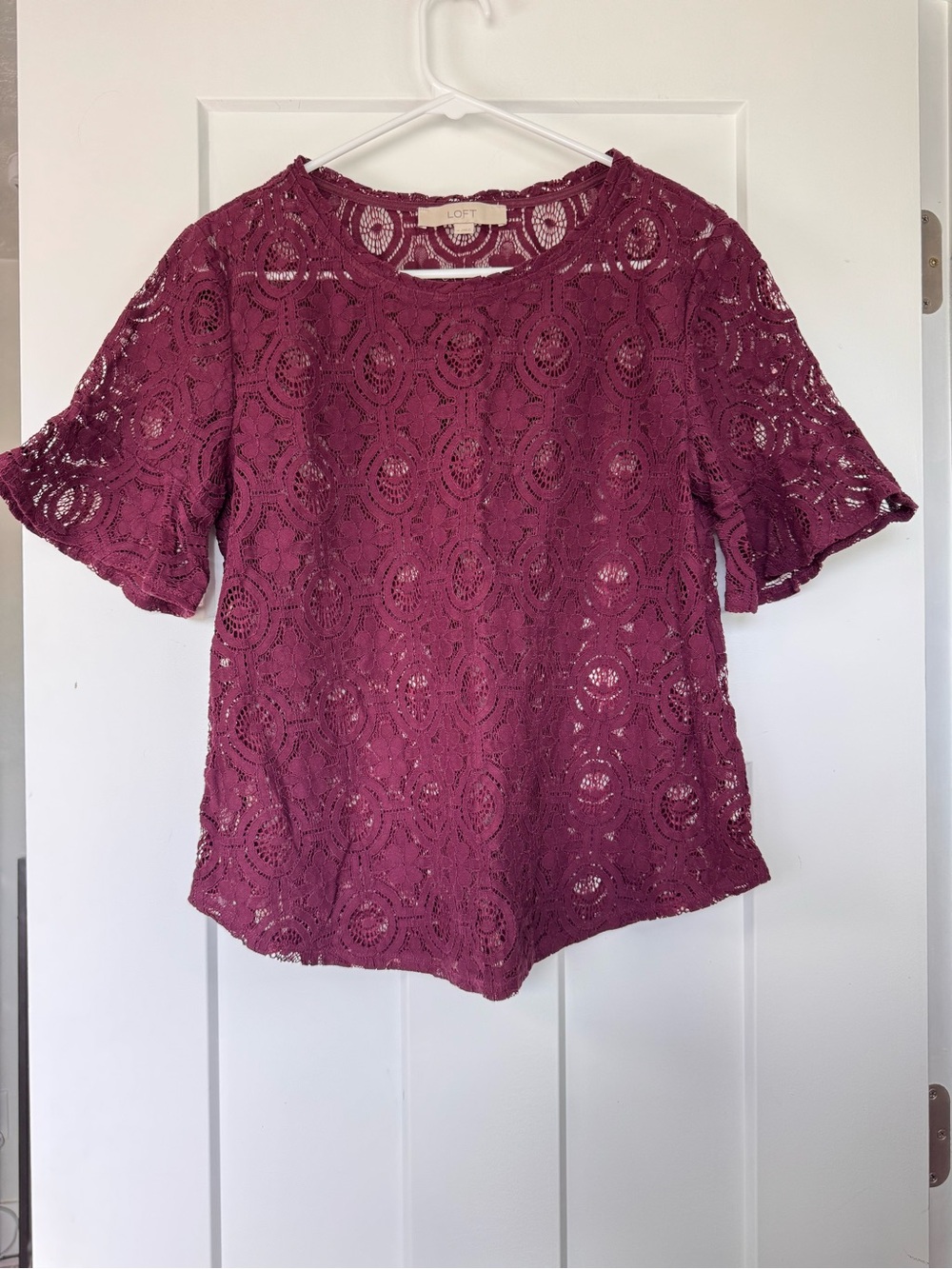 LOFT Women's Burgundy Scoop Neck Lace Short-Sleeve Top - Size M
